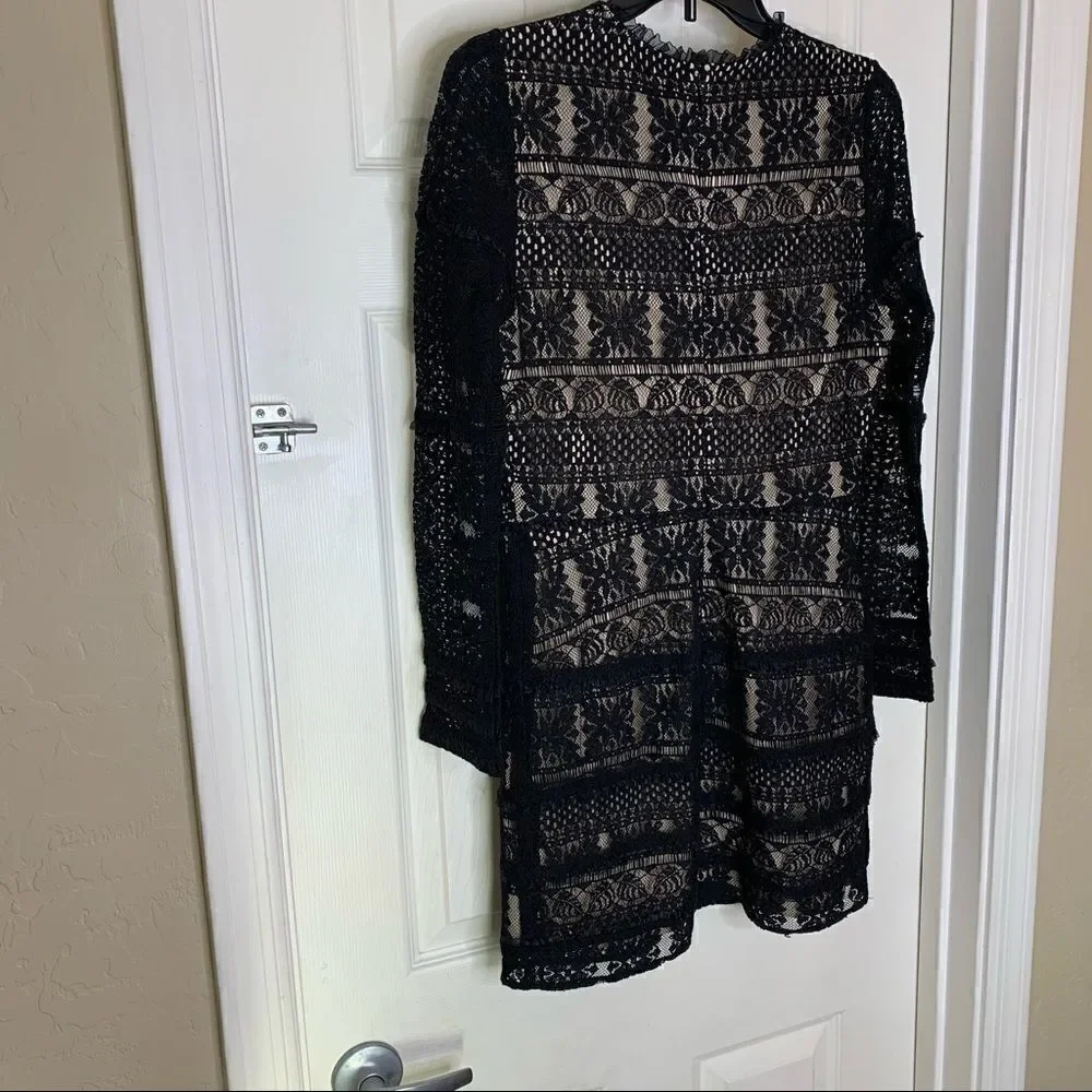 PARKER LACE RUFFLE LONG SLEEVE CONTRAST DRESS BLACK Size Medium